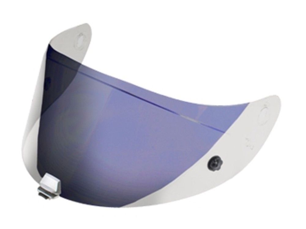 Iridium blue Pinlock visor for HJC RPHA helmets, featuring a curved design with mounting holes and a reflective finish for enhanced visibility and style.