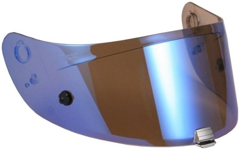 Iridium blue visor for HJC V90 helmets, featuring a sleek, curved design with mounting holes and a reflective finish for enhanced visibility and style.