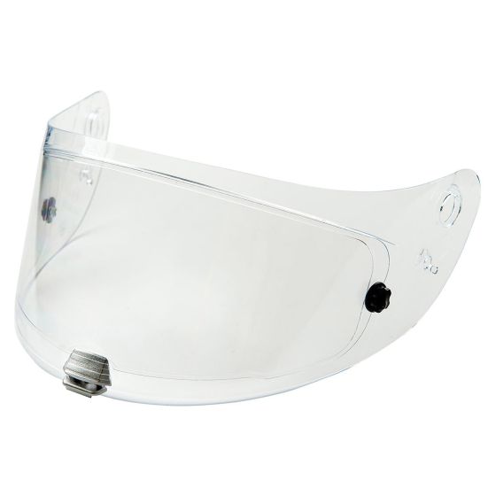 Clear replacement visor for HJC RPHA 11 and RPHA 70 helmets, featuring a rain seal, made of durable plastic with mounting holes and a central locking mechanism.