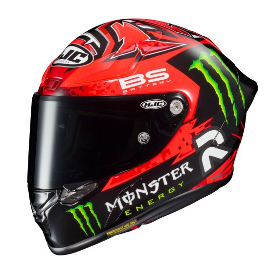 Red and black motorcycle helmet featuring Fabio Quartararo's replica design, with Monster Energy graphics and a clear visor, made from lightweight materials for safety and performance.