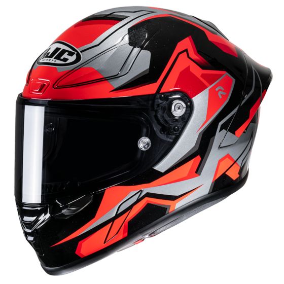 Red and black HJC RPHA 1 Nomaro motorcycle helmet featuring a sleek aerodynamic design, glossy finish, and prominent silver accents, with a clear visor and XL size designation.