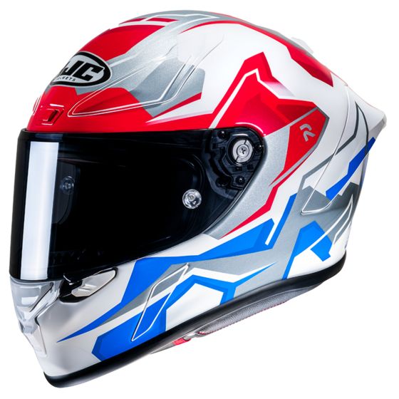 RP1NWS HJC RPHA 1 Nomaro motorcycle helmet in white with striking red and blue graphics, featuring a sleek aerodynamic design and a clear visor for enhanced visibility.