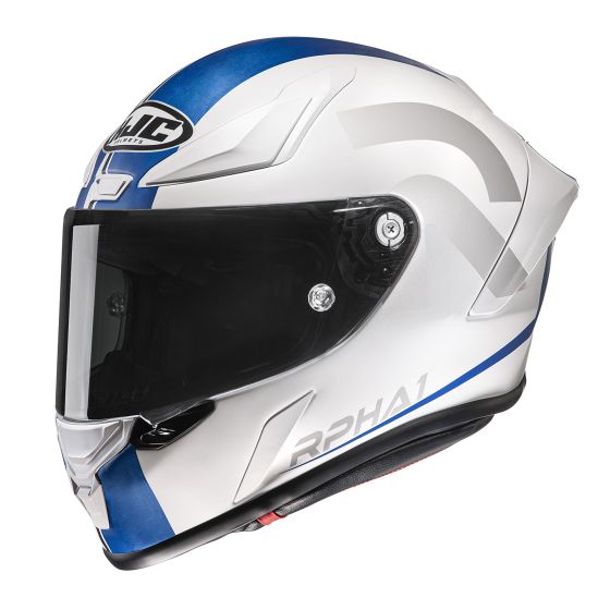 The HJC RPHA 1 Senin motorcycle helmet features a sleek design with a glossy white and blue finish, a tinted visor, and aerodynamic contours for enhanced performance.