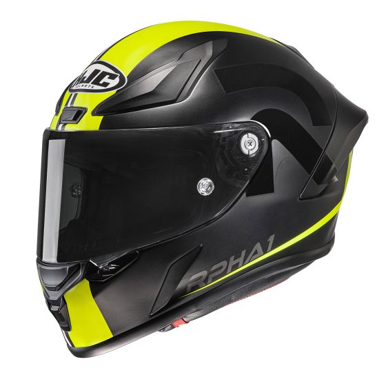HJC RPHA 1 Senin motorcycle helmet in black and vibrant yellow, featuring a sleek aerodynamic design, tinted visor, and prominent logo on the top.