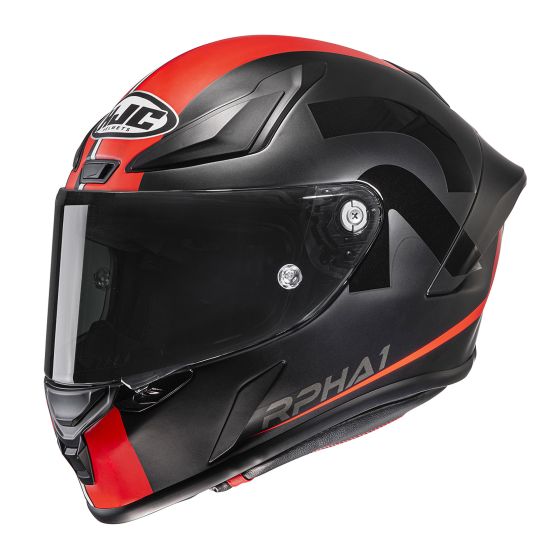 Red and black HJC RPHA 1 Senin motorcycle helmet in size XS, featuring a sleek aerodynamic design, clear visor, and prominent RPHA1 branding.