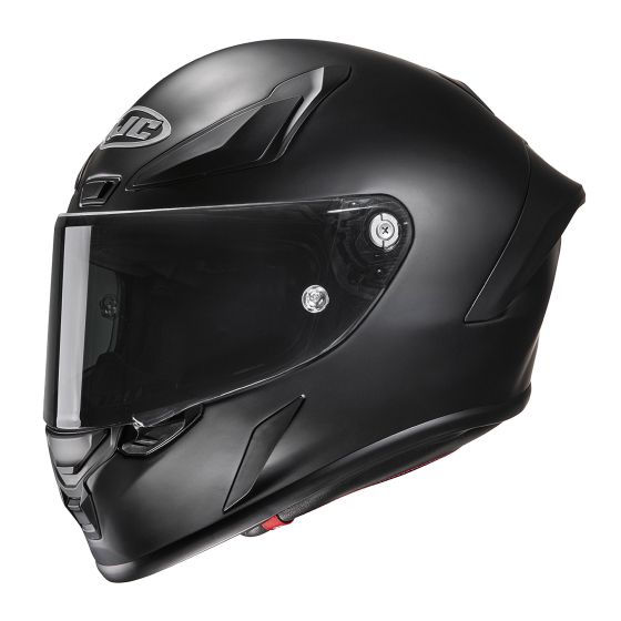 Matte black HJC RPHA 1 motorcycle helmet features a streamlined design, clear visor, and aerodynamic vents for enhanced airflow and performance.