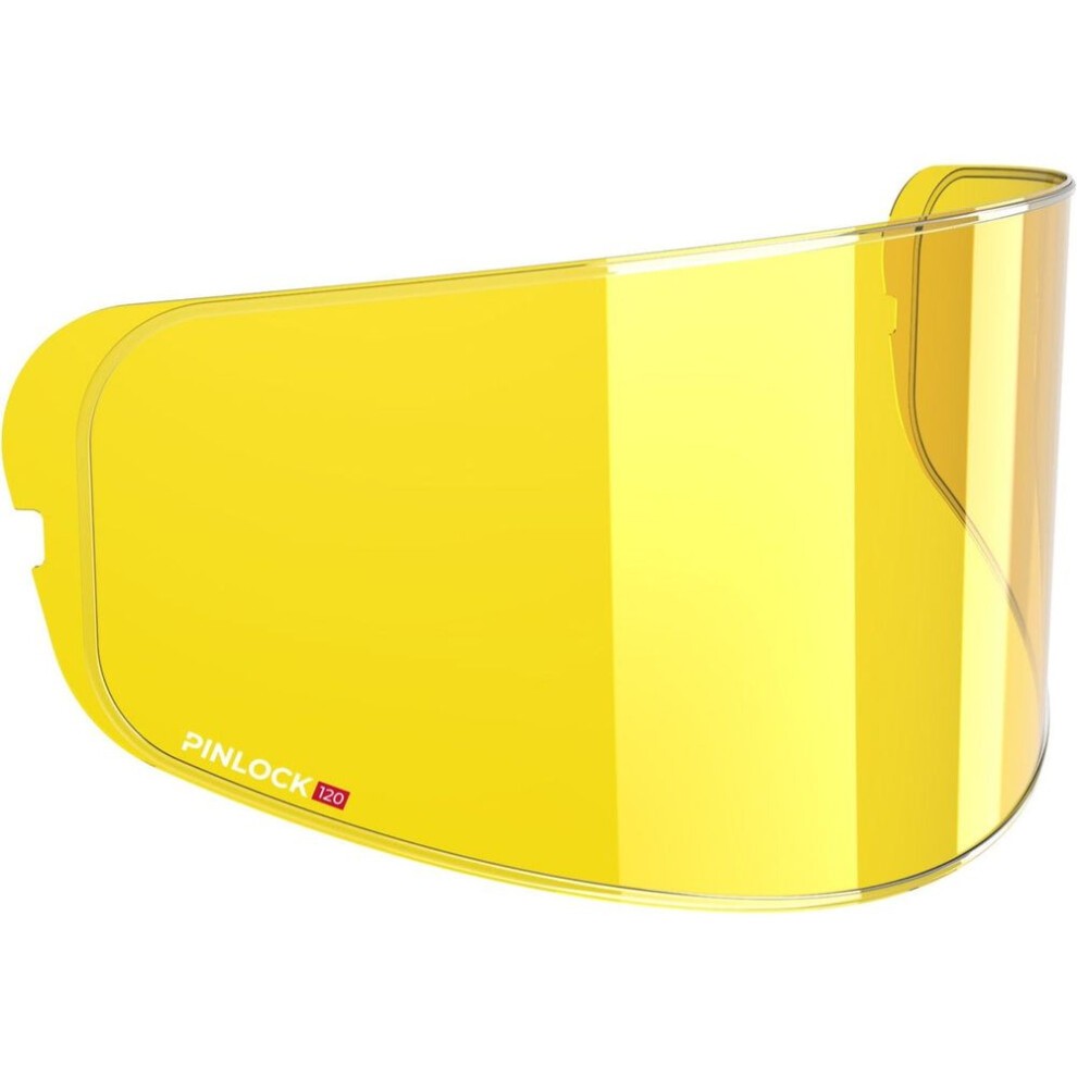Yellow HJC Pinlock 120 MaxVision lens designed for HJ-35 and RPHA 1 helmets, featuring a curved shape and anti-fog technology for enhanced visibility.