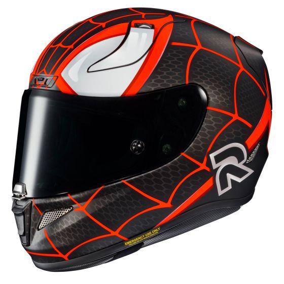 HJC RPHA 11 motorcycle helmet featuring a black and red spider-web design, glossy finish, and a tinted visor, inspired by Marvel's Miles Morales.