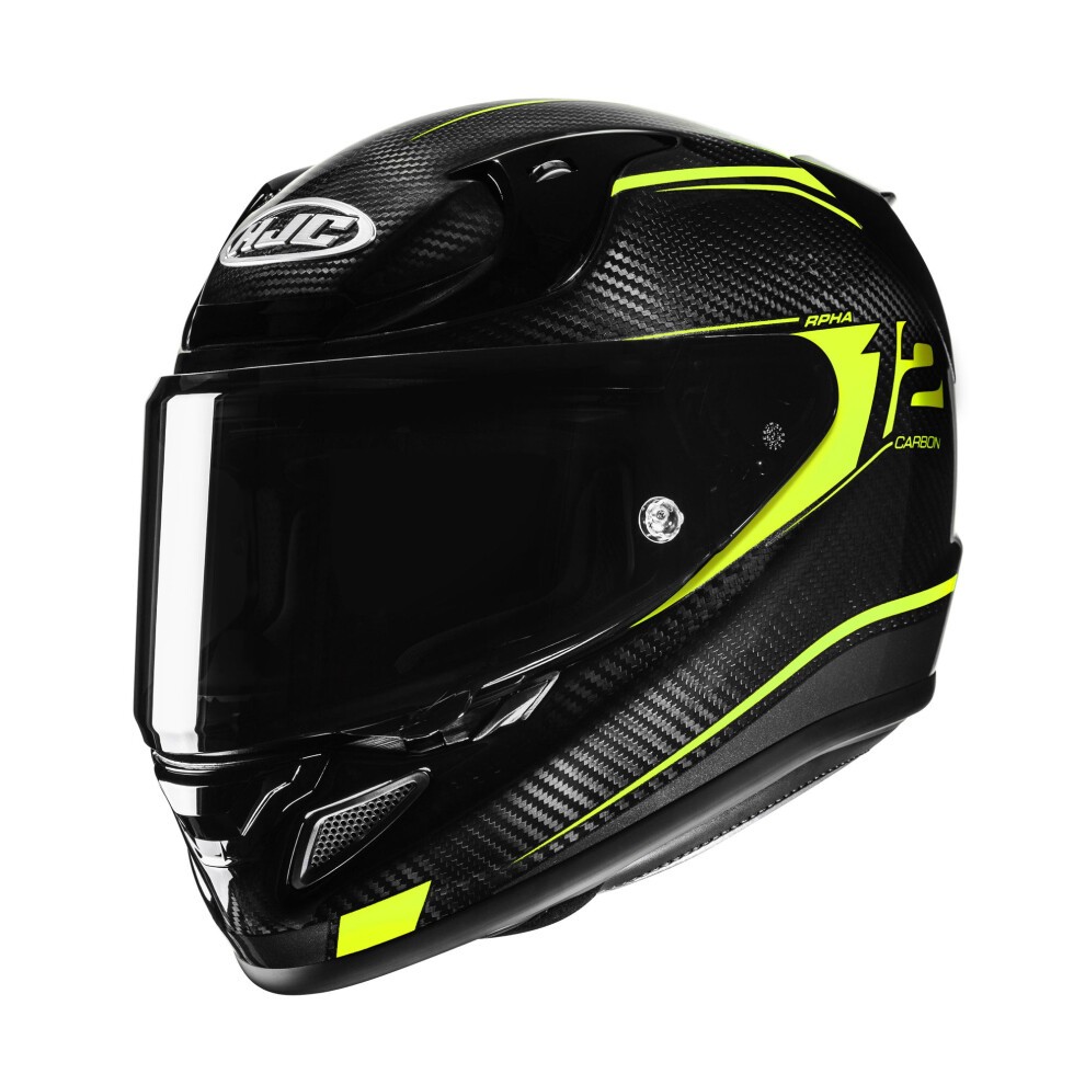 Black carbon fiber motorcycle helmet with bright yellow accents, featuring a clear visor, aerodynamic design, and the HJC logo prominently displayed on the front.