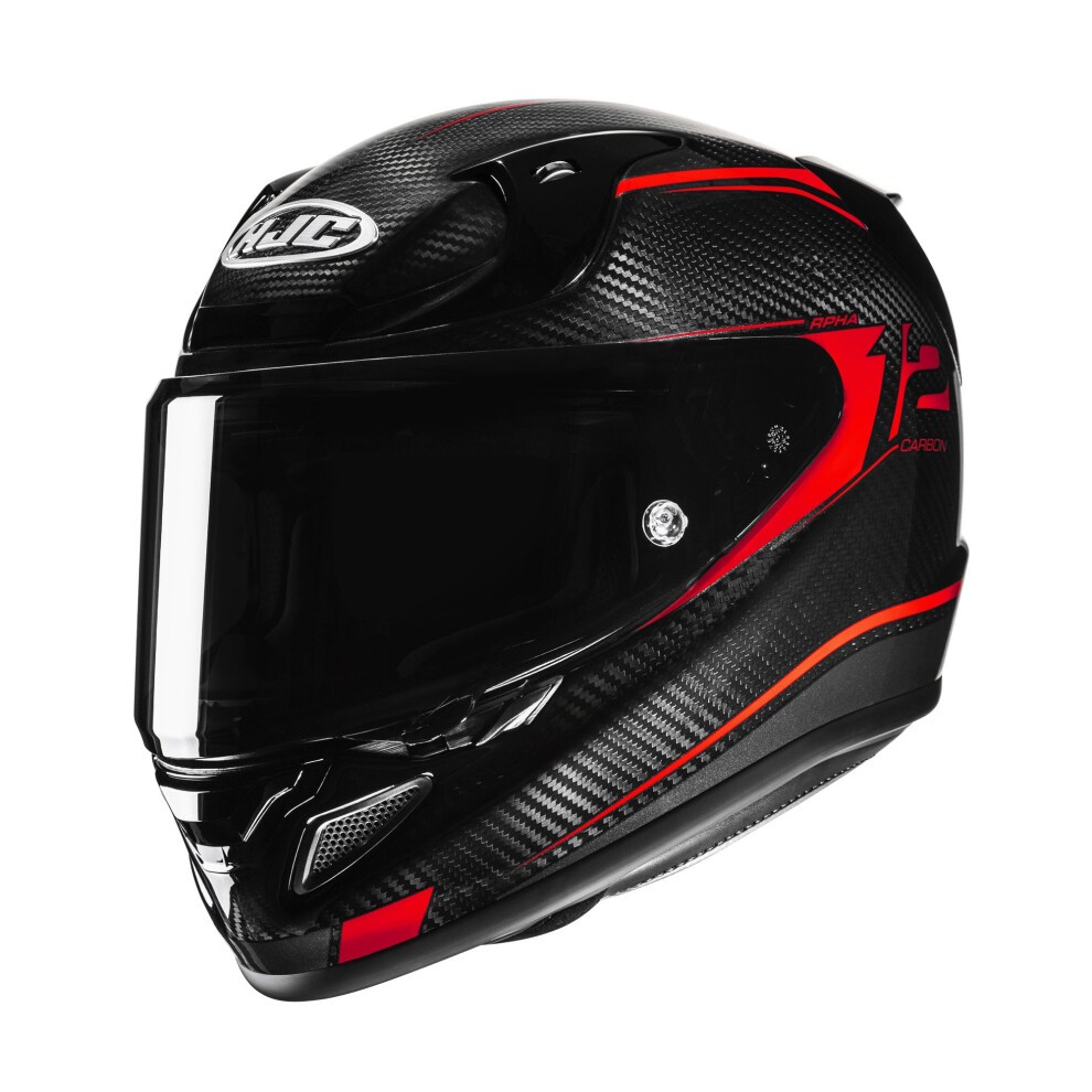 RPHA 12 Carbon Keres motorcycle helmet in XS size, featuring a sleek black carbon fiber finish with striking red accents and a clear visor for enhanced visibility.