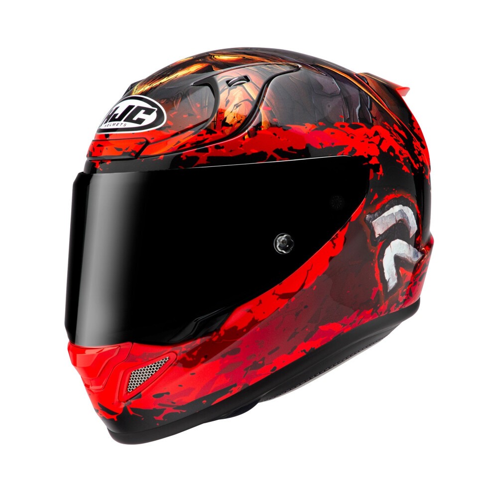 Red full face motorcycle helmet featuring a striking Diablo Blizzard design, glossy finish, large tinted visor, and ventilation ports, ideal for safety and style.