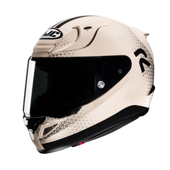 HJC RPHA 12 graphic motorcycle helmet in brown and black, featuring a sleek aerodynamic design, a tinted visor, and a geometric pattern on a beige background.