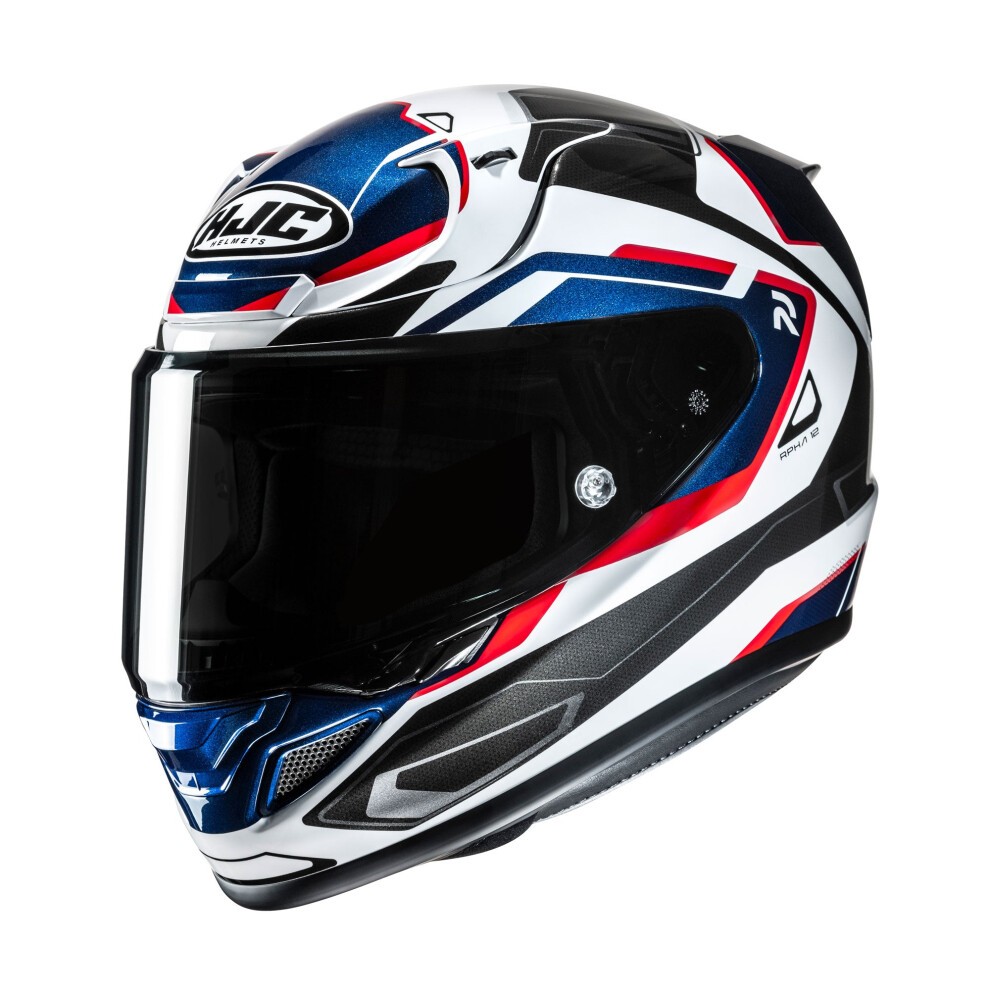 RP12BRW2XL HJC RPHA 12 Brels motorcycle helmet in XXL features a sleek design with a white base, bold red and blue accents, a tinted visor, and aerodynamic shape for optimal performance.