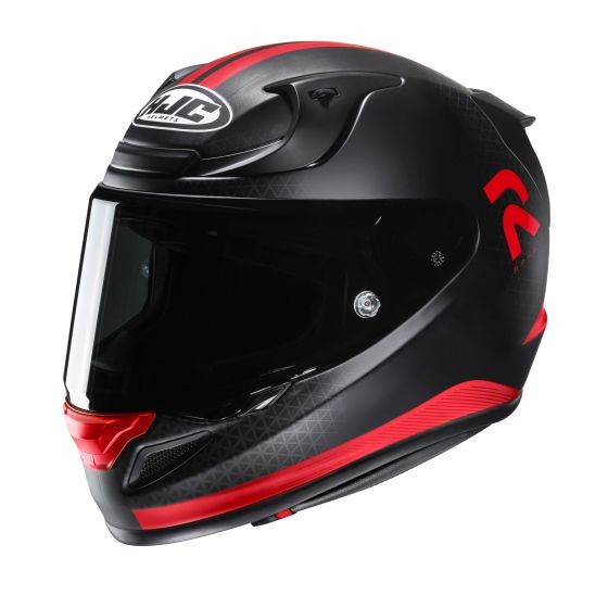HJC RPHA 12 Enoth Full Face Helmet in black and red, featuring a sleek aerodynamic design, a tinted visor, and geometric patterns on the exterior.