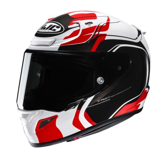 HJC RPHA 12 Lawin Full Face Helmet in red and white, featuring a sleek aerodynamic design, tinted visor, and ventilation ports for enhanced airflow.