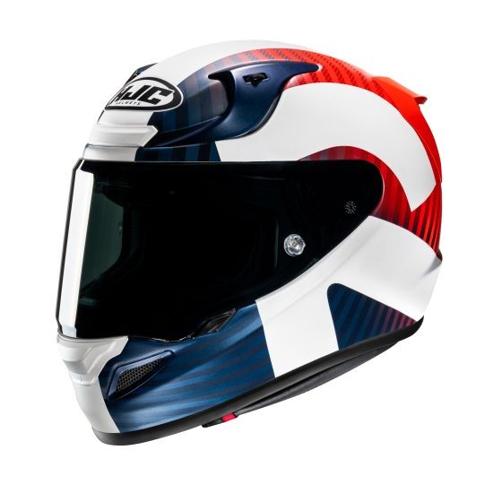 Full face motorcycle helmet featuring a vibrant red, white, and blue design, with a sleek aerodynamic shape, tinted visor, and ventilation openings for enhanced airflow.