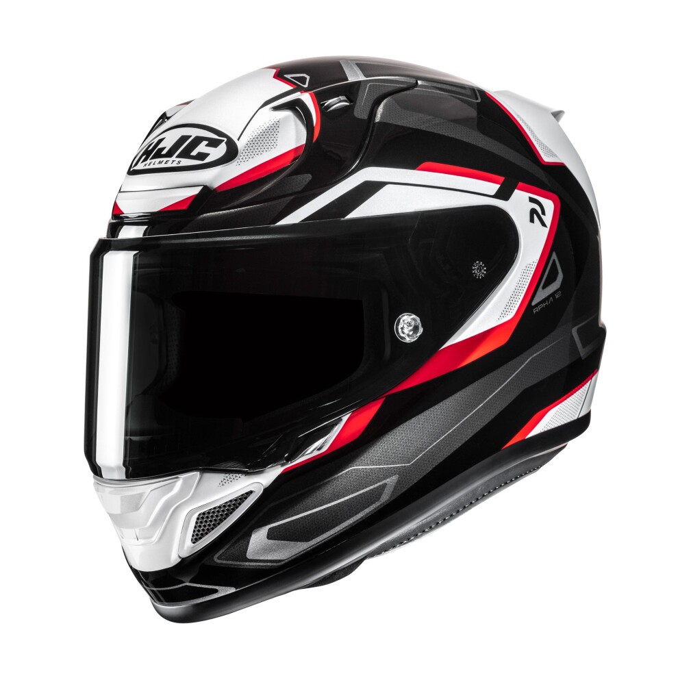 Red and black HJC RPHA 12 Brels motorcycle helmet in size XS, featuring a sleek aerodynamic design, visor, and bold graphic accents in white and silver.