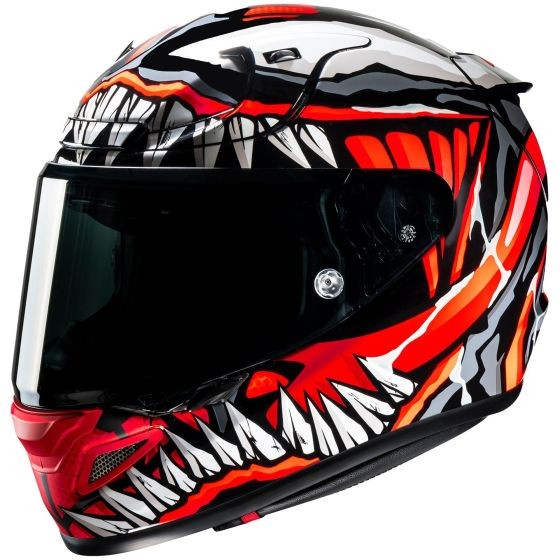 Full-face motorcycle helmet featuring a black and red Venom design, glossy finish, large visor, and aerodynamic shape, designed for safety and style.