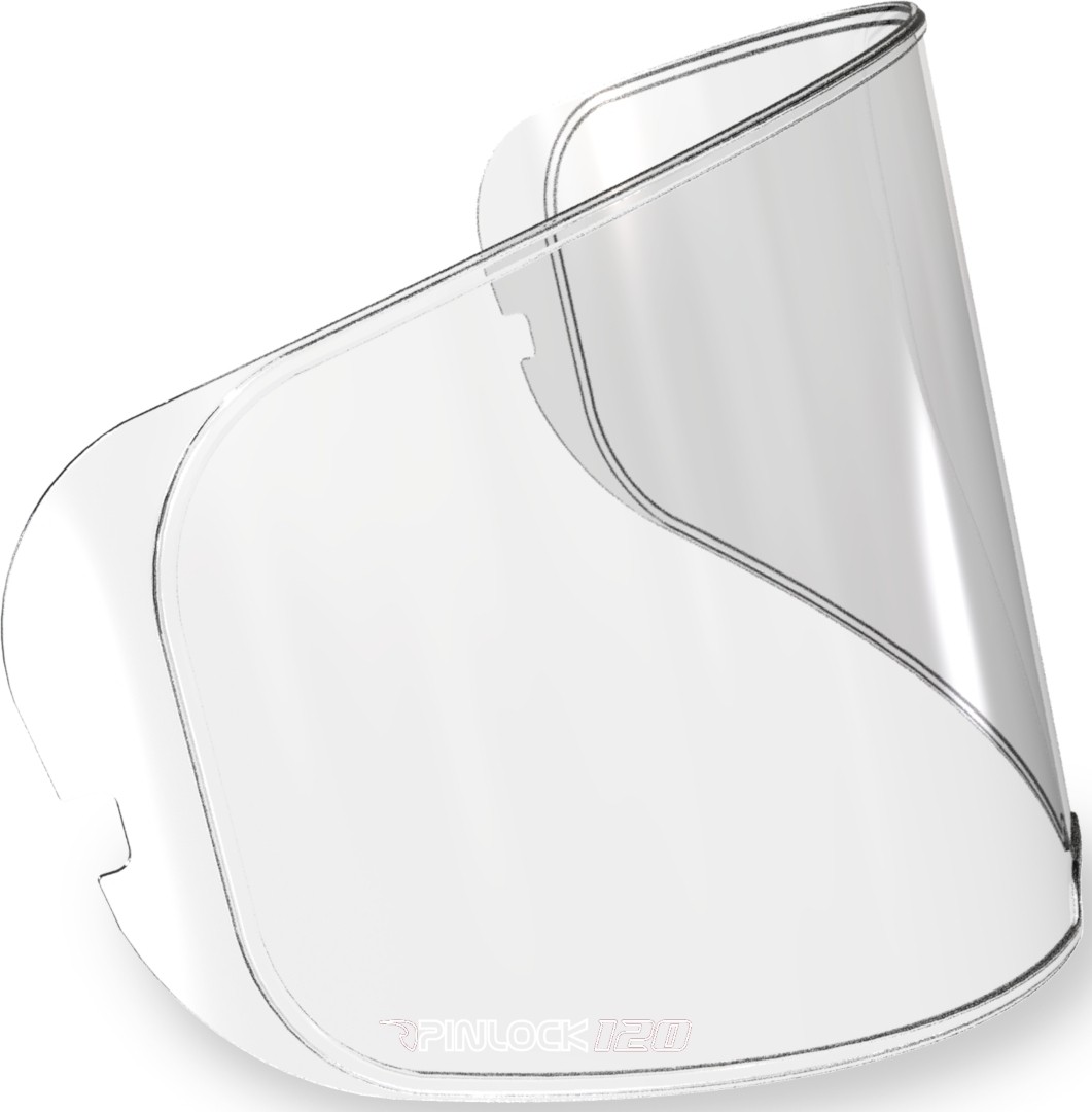 Clear HJC DKS495 120 Pinlock lens with a smooth, transparent surface, designed for motorcycle helmets, featuring a curved shape and precise cutouts for easy attachment.