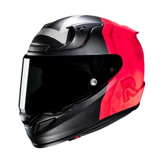 Red and black full-face motorcycle helmet featuring a sleek aerodynamic design, tinted visor, and textured finish, with the letter "R" prominently displayed on the side.