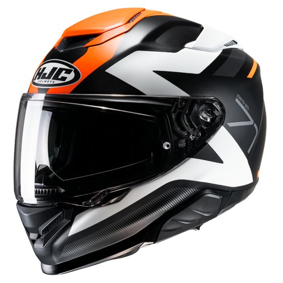 HJC RPHA 71 Graphic Motorcycle Helmet in Pinna Orange features a sleek black, grey, and orange design, with a clear visor and aerodynamic shape, sized X-Small (54-55cm).