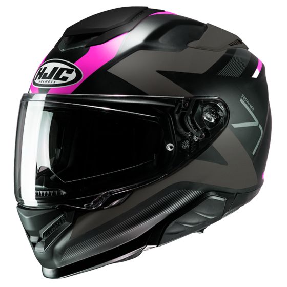 HJC RPHA 71 Pinna full face helmet in black with pink accents, featuring a sleek aerodynamic design, a clear visor, and ventilation ports for enhanced airflow.