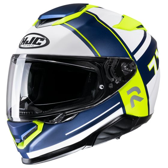 HJC RPHA 71 Zecha full face helmet in yellow, white, and blue with a glossy finish, featuring a large visor, aerodynamic design, and bold graphic accents.