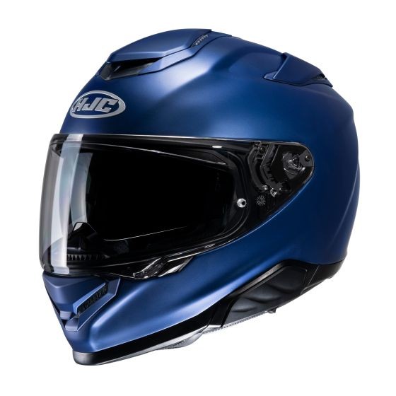 Metallic blue HJC RPHA 71 full face helmet featuring a sleek aerodynamic design, tinted visor, and ventilation openings for enhanced airflow.