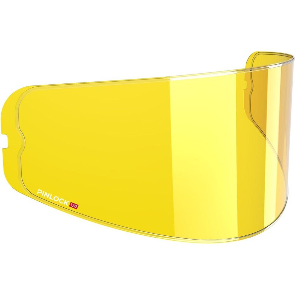 Yellow Pinlock 120 MaxVision lens designed for HJC helmets, featuring a clear, durable material with a curved shape and a PINLOCK logo for anti-fog protection.