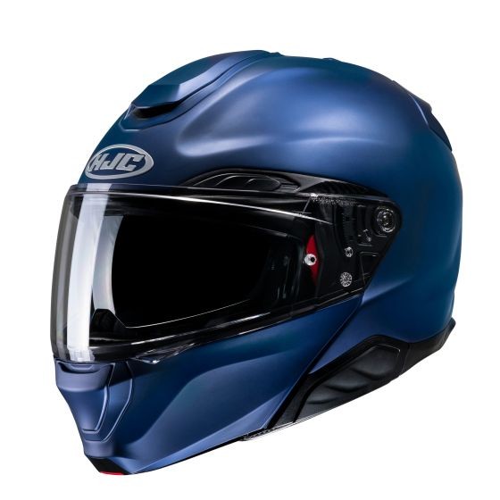 Metallic blue HJC RPHA 91 flip-up helmet featuring a sleek design, clear visor, and ventilation system, ideal for safety and comfort in riding.