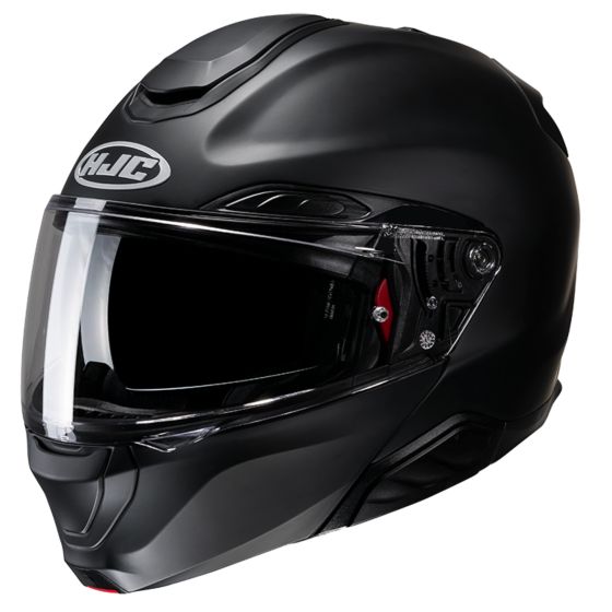 Matt black HJC RPHA 91 flip-up helmet with a sleek design, featuring a clear visor, ventilation ports, and a comfortable interior, designed for safety and style.