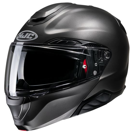 The HJC RPHA 91 motorcycle helmet features a semi-flat titanium finish, a sleek design, a clear visor, and a flip-front mechanism for versatility and convenience.