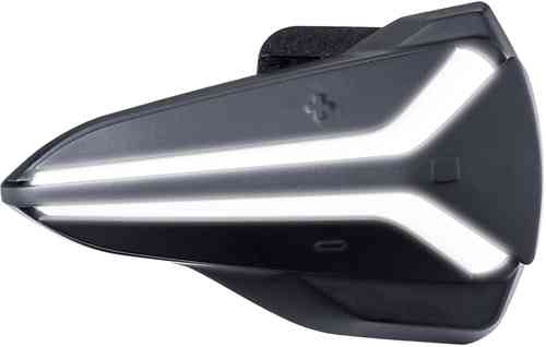 Black HJC Smart 20B Communication System featuring a sleek, aerodynamic design with integrated LED lights and a textured surface for secure attachment.