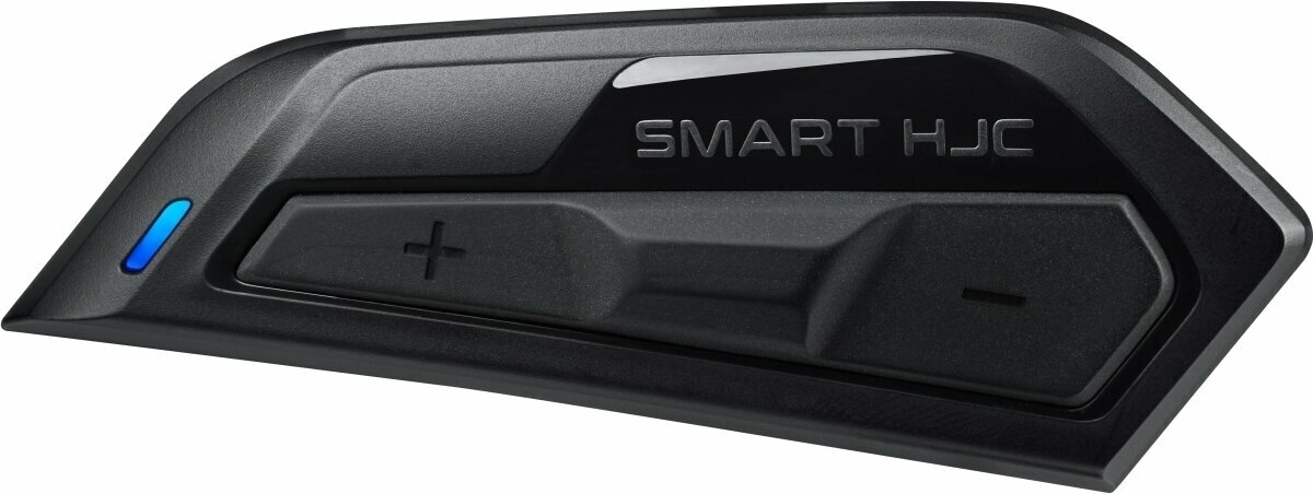 Black HJC Smart 21B Communication System featuring a sleek design, control buttons for volume and power, and a blue LED indicator light.