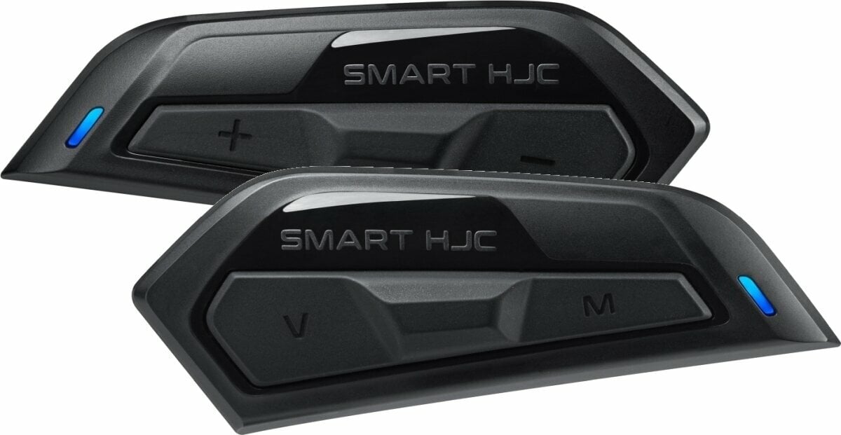 Black HJC Smart 50B Communication System features sleek design with buttons for volume and mode, highlighted by blue indicator lights, made from durable plastic material.