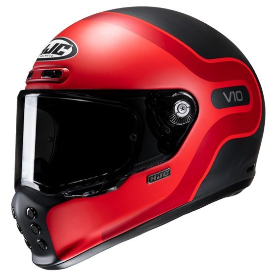 Red and black full-face motorcycle helmet featuring a sleek design, tinted visor, and ventilation controls, with the HJC logo prominently displayed.