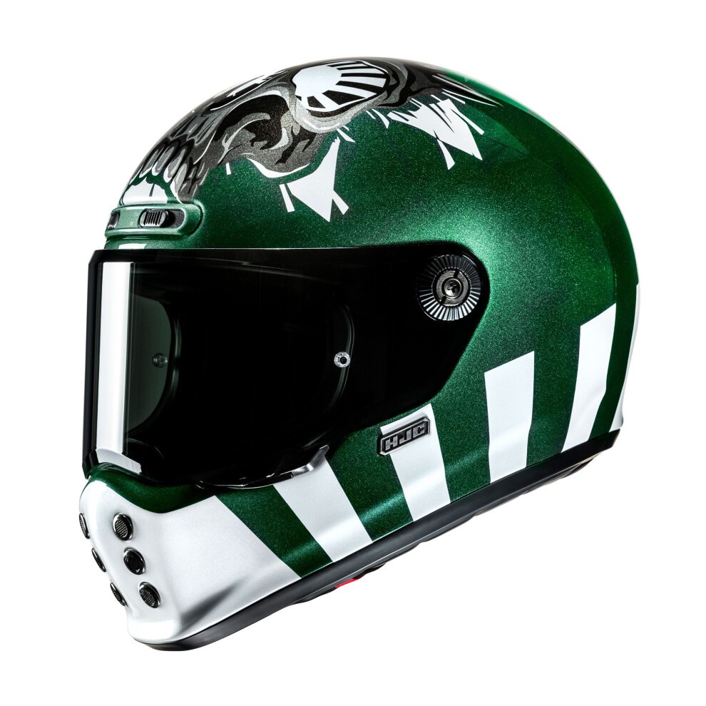 Green full-face helmet with a glossy finish, featuring a skull graphic, white stripes, and a clear visor, designed for motorcycle use by HJC.