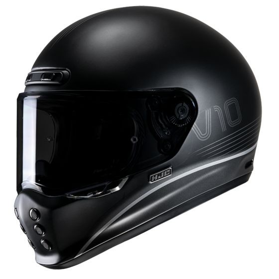 Matte black full face helmet with a sleek design, featuring a tinted visor, ventilation ports, and the "V10" logo in silver along the side.