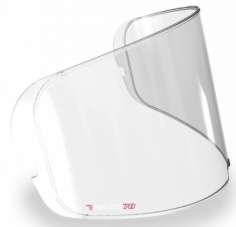 Clear HJC DKS476 Pinlock lens with a smooth, curved design, featuring a subtle logo at the bottom and made from durable, transparent material for enhanced visibility.