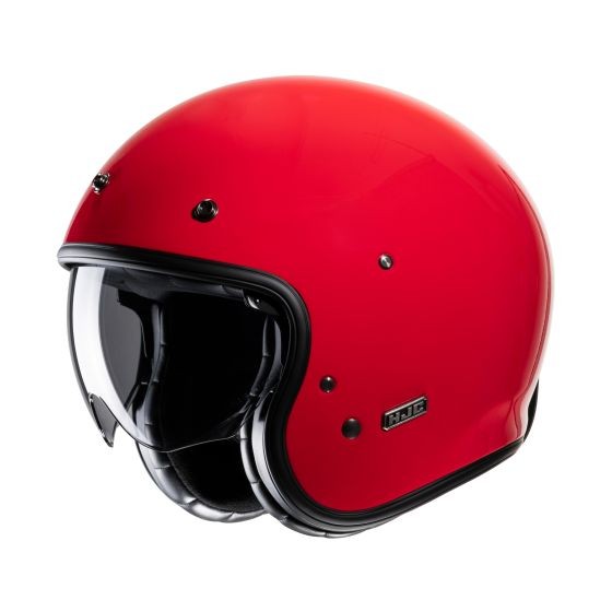 Red open face helmet by HJC, featuring a glossy finish, a clear visor, and a padded interior for comfort, designed in a sleek, modern style.