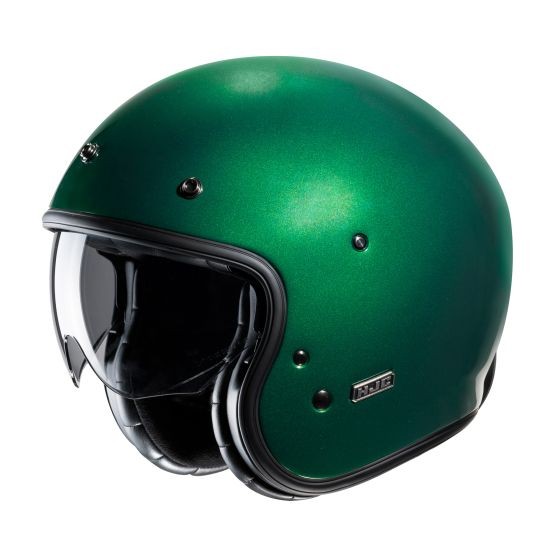 Glossy green open face helmet with a black visor and trim, featuring a sleek design and comfortable interior, ideal for motorcycle riders.