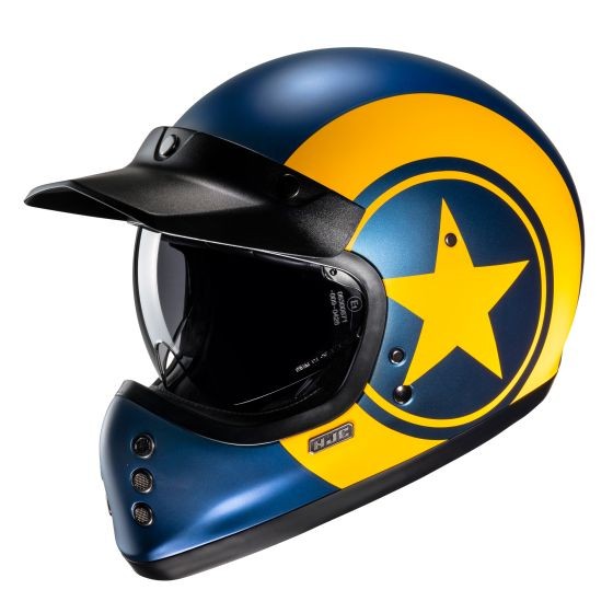 HJC V60 Nyx Full Face Helmet in yellow and blue, featuring a star design, a glossy finish, a black visor, and ventilation ports for enhanced airflow.