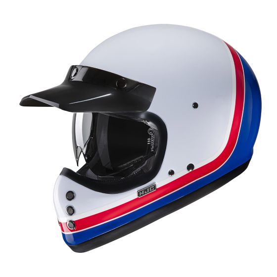 HJC V60 Scoby motorcycle helmet in XL size features a glossy white exterior with red and blue stripes, a black visor, and a sleek aerodynamic design.