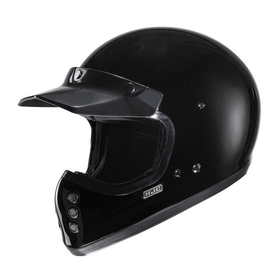 Glossy black HJC V60 motorcycle helmet in size XL, featuring a sleek design, a short visor, and ventilation ports on the front for improved airflow.