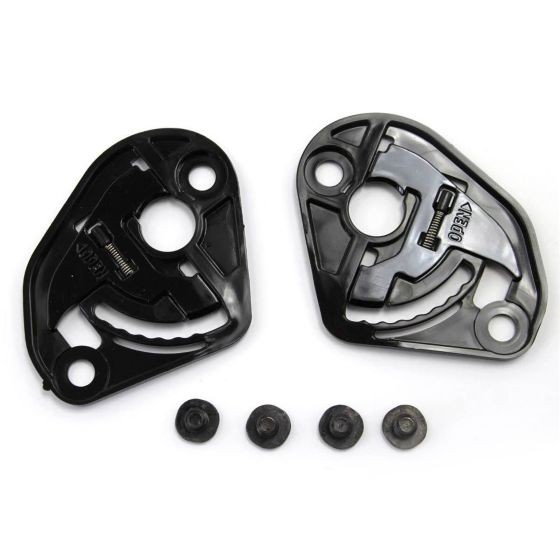 Black plastic visor side plates for HJC IS-17, C70, and FG-17 helmets, featuring a sleek design with grooves and included mounting screws.