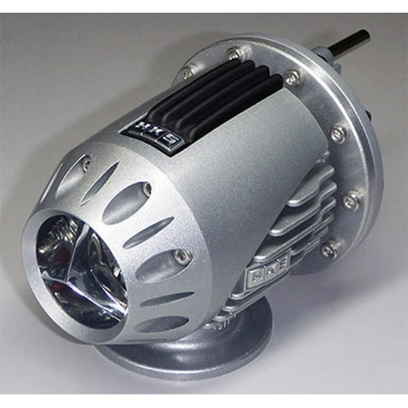 Silver aluminum HKS SQV4 Sequential Blow Off Valve with a black ribbed top, featuring a polished outlet and multiple vent holes for enhanced performance.