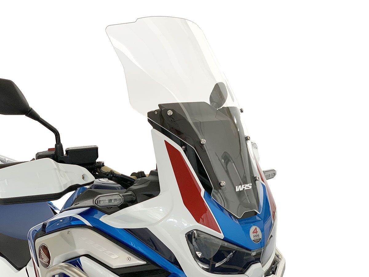 Clear windscreen for Honda CRF1100L motorcycle, featuring a sleek design, durable material, and WRS branding, with a blue and white body panel visible in the background.