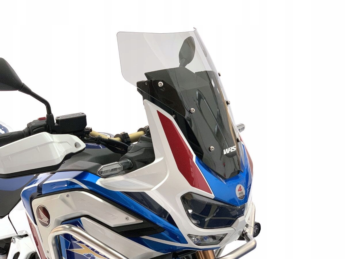 Transparent smoke-colored motorcycle windscreen for Honda CRF1100, featuring a sleek design, durable material, and WRS branding on the top.
