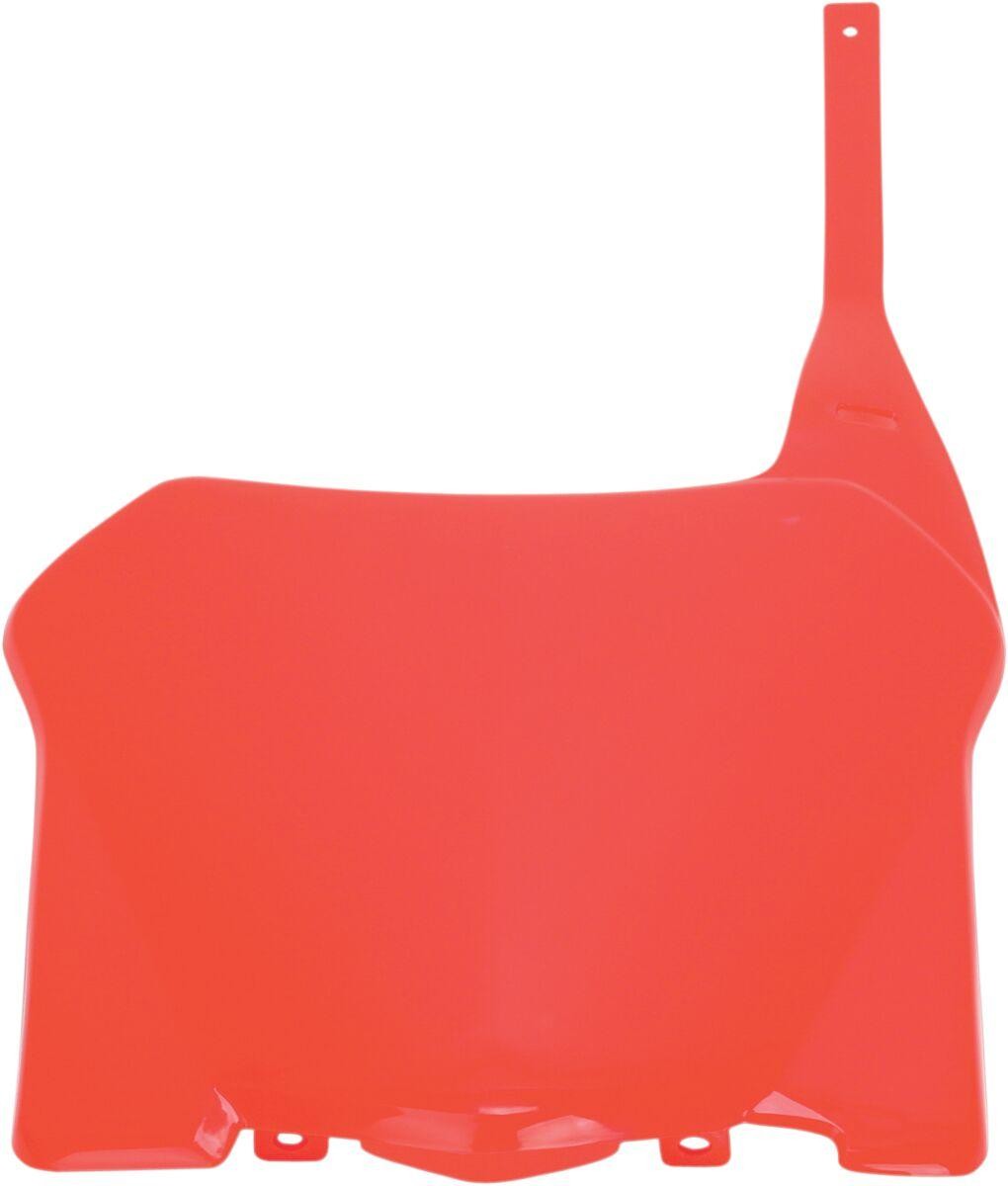 Bright CR Red front number board made of durable plastic, designed for Honda CRF250R models from 2008-2009, featuring a sleek, aerodynamic shape and a mounting tab.