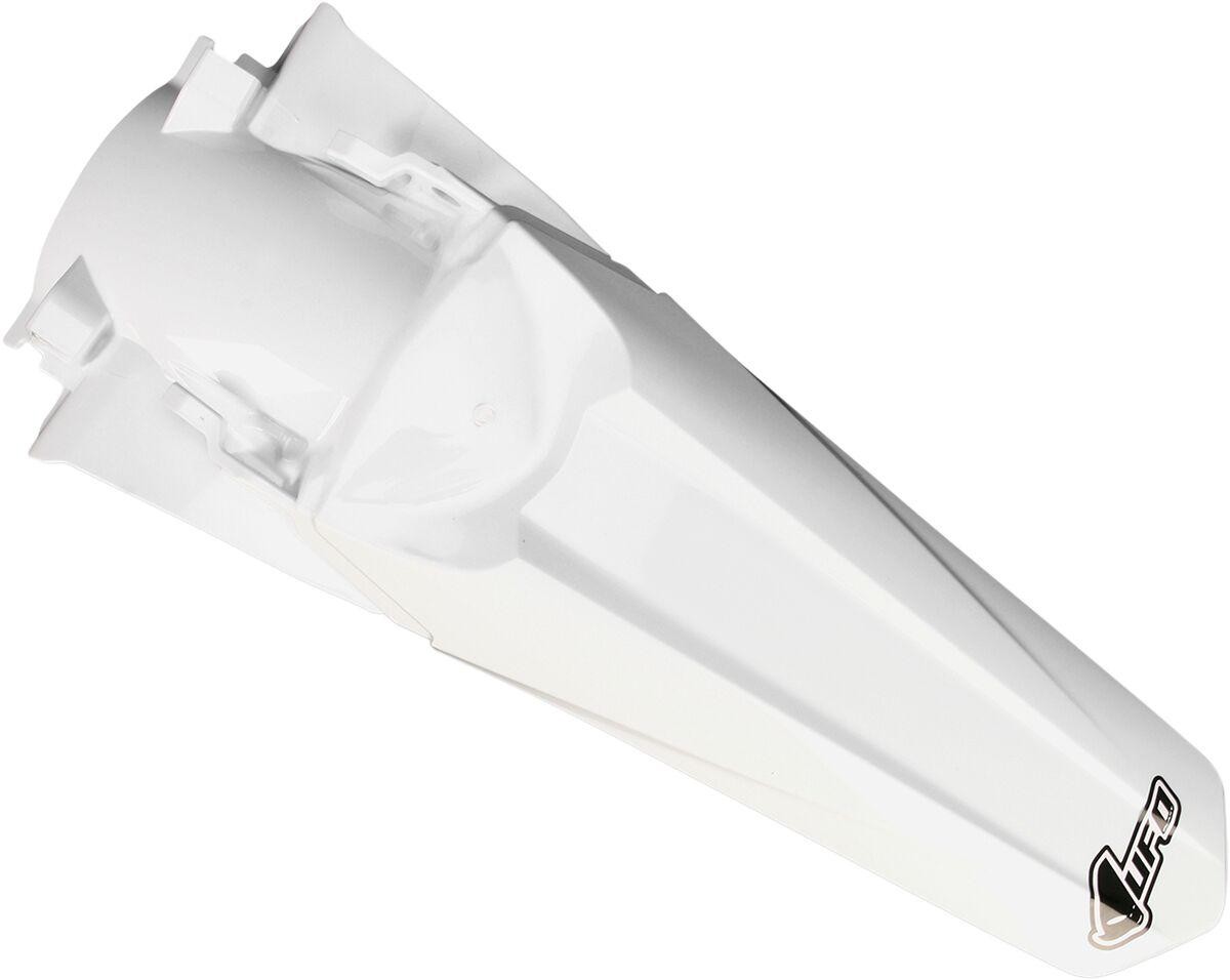 White rear fender for Honda CRF250R (2014-17) and CRF450R (2013-16), made of durable plastic, featuring a sleek design and UFO branding on the side.